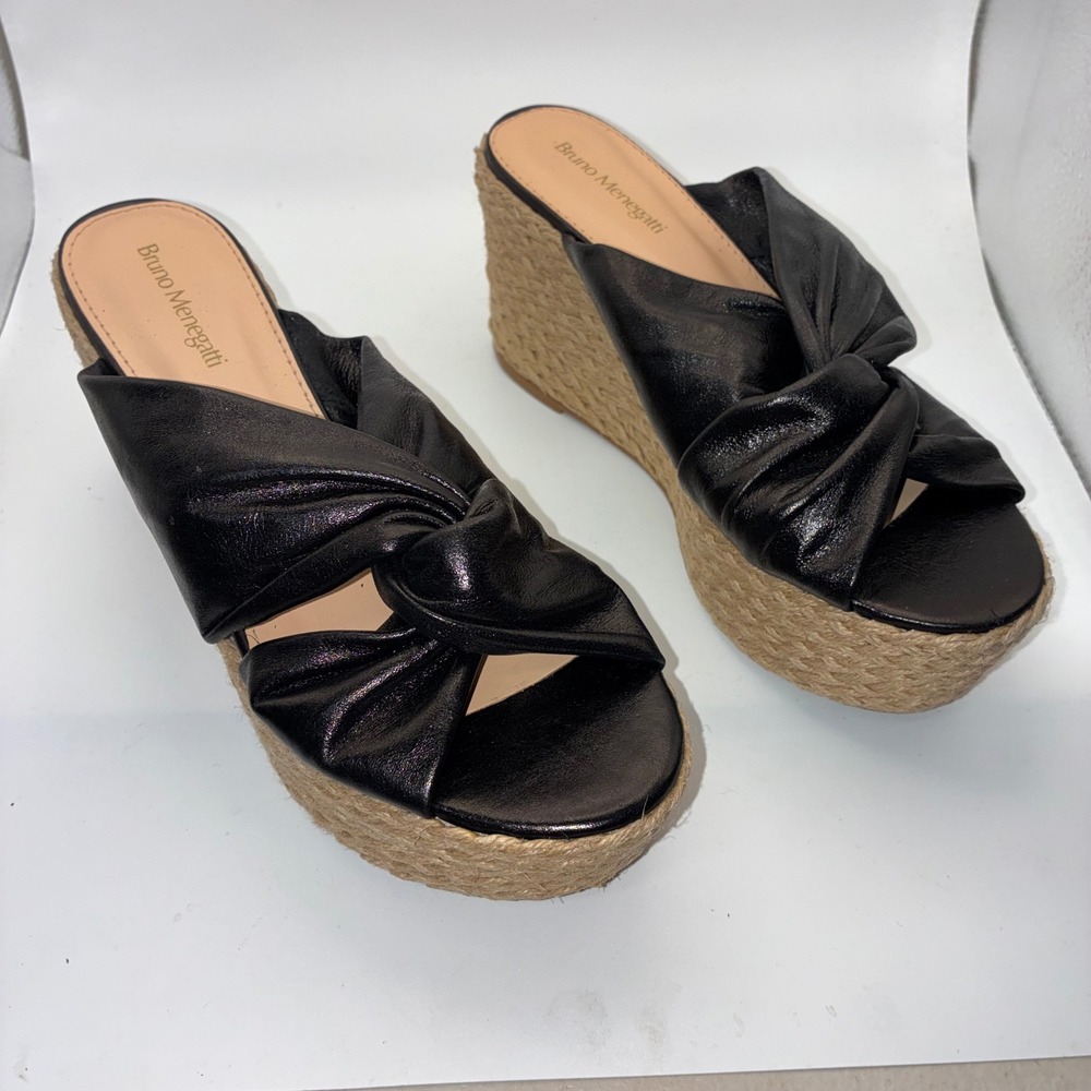 Bruno‎ Menegatti Black Leather Knotted Espadrille Wedge Sandals Made in Brazil 7